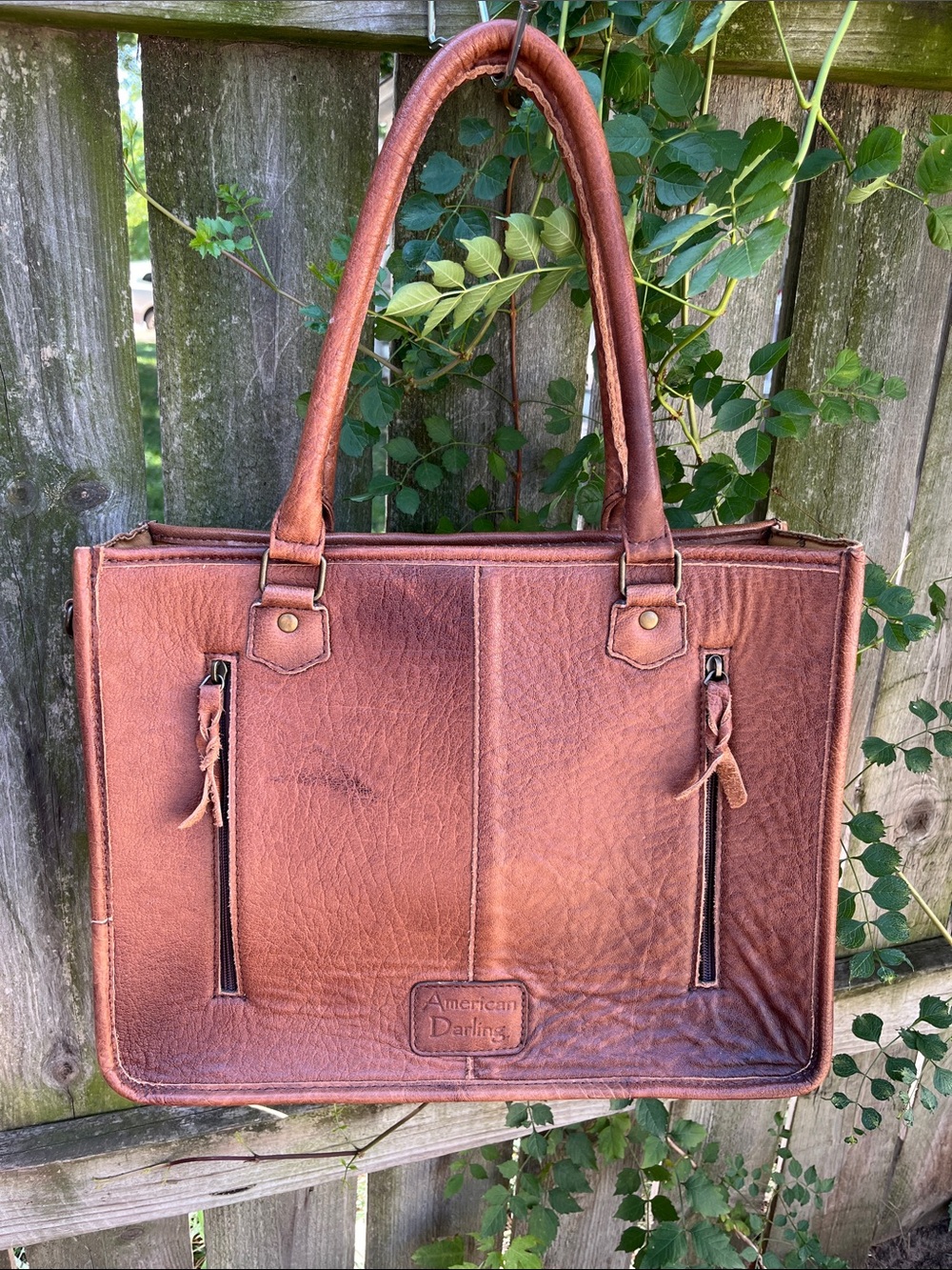 American Darling Tooled Leather Aztec Fringe Tote - Brown/Cream/Black - Picture 2 of 3